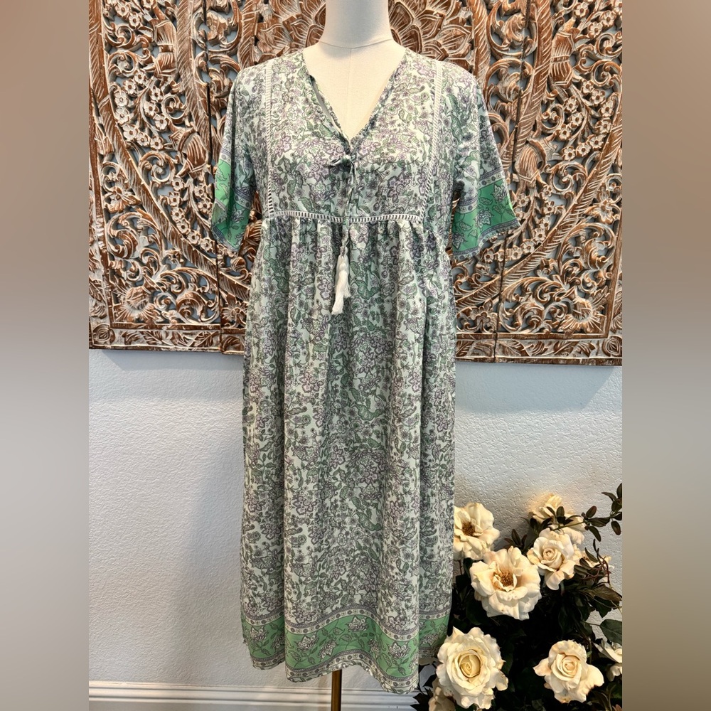 Hawalili Green & Lavender Floral Boho Midi Dress- size S oversized - Picture 2 of 16